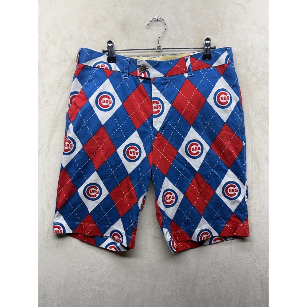 Loudmouth Golf Shorts Mens 32 MLB Chicago Cubs Baseball Argyle Allover Print AOP